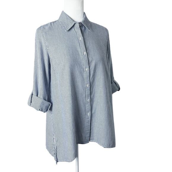 Zac & Rachel Button Up Shirt S Blue & White Striped Asymmetric Hem Long Sleeve - Picture 2 of 12